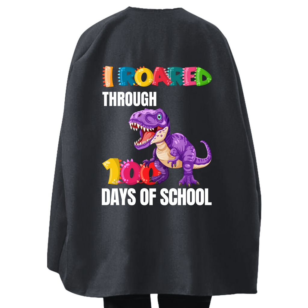 Student or Teacher Cape - I Roared through 100 Days - Colourful Purple Dinosaur