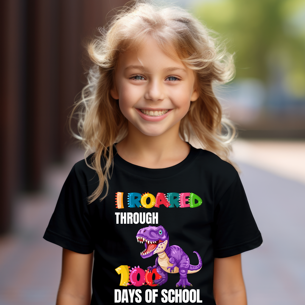 Kid's I roared through 100 Days Purple Dinosaur t-shirt