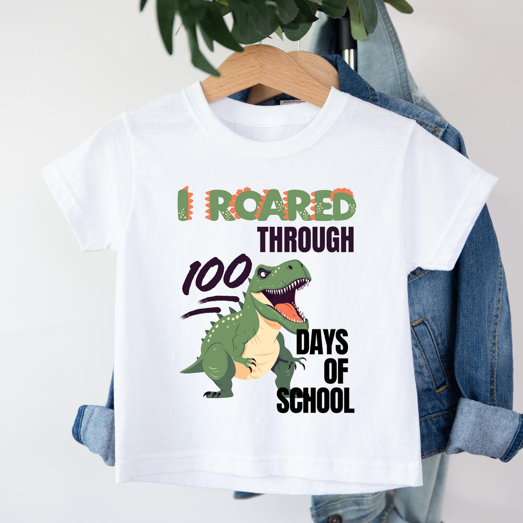 Kid's I roared through 100 Days Green Dinosaur t-shirt