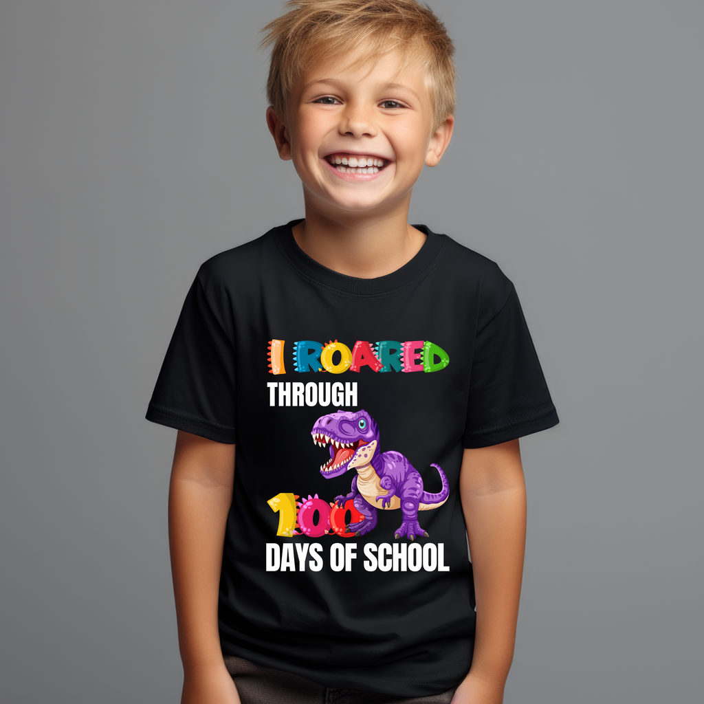 Kid's I roared through 100 Days Purple Dinosaur t-shirt