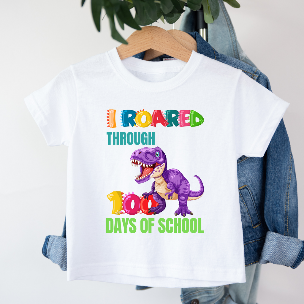 Kid's I roared through 100 Days Purple Dinosaur t-shirt