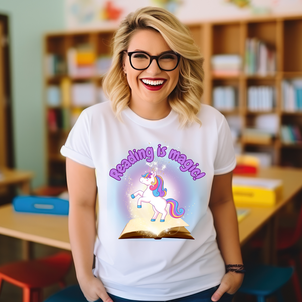 Book Week - Reading is Magic - Purple Unicorn Teacher T-shirt