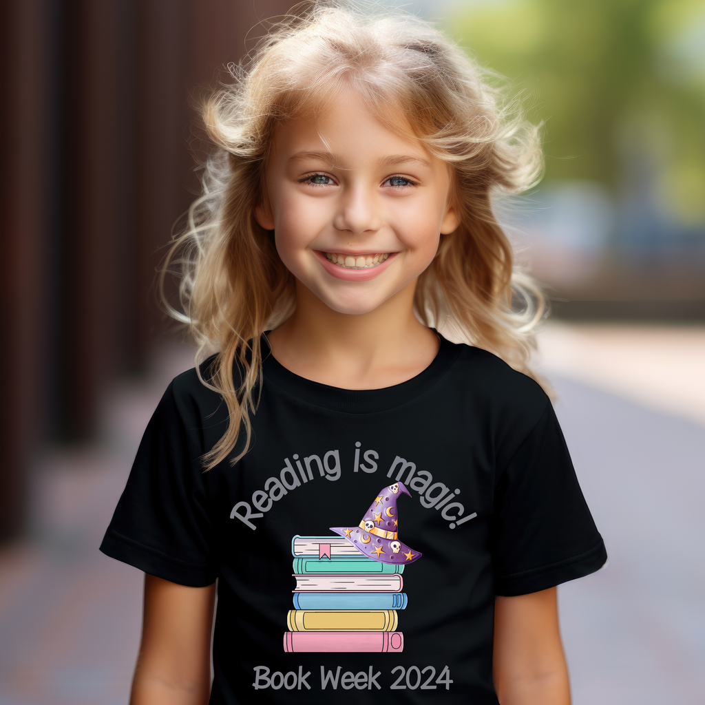 Kid's Book Week Grey - Reading is Magic - Text Purple Witches' Hat - t-shirt School