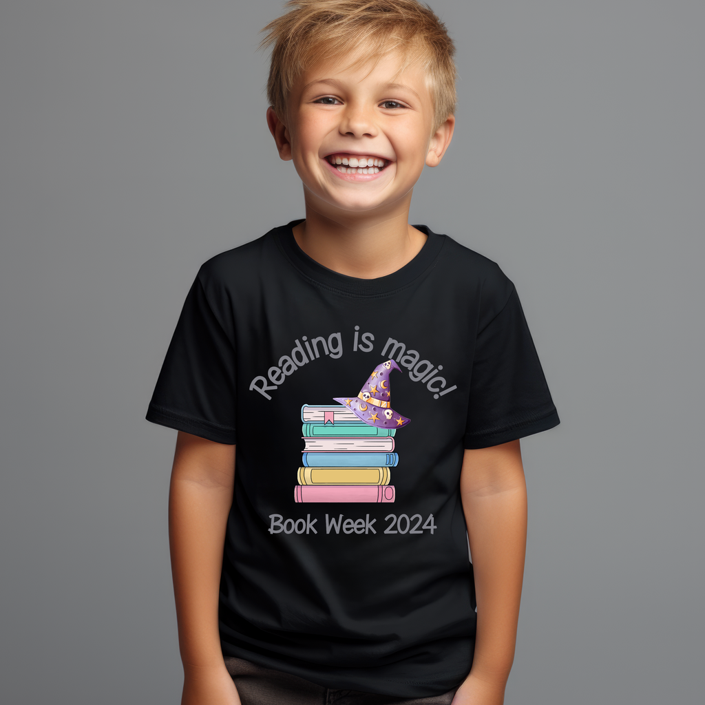 Kid's Book Week Grey - Reading is Magic - Text Purple Witches' Hat - t-shirt School