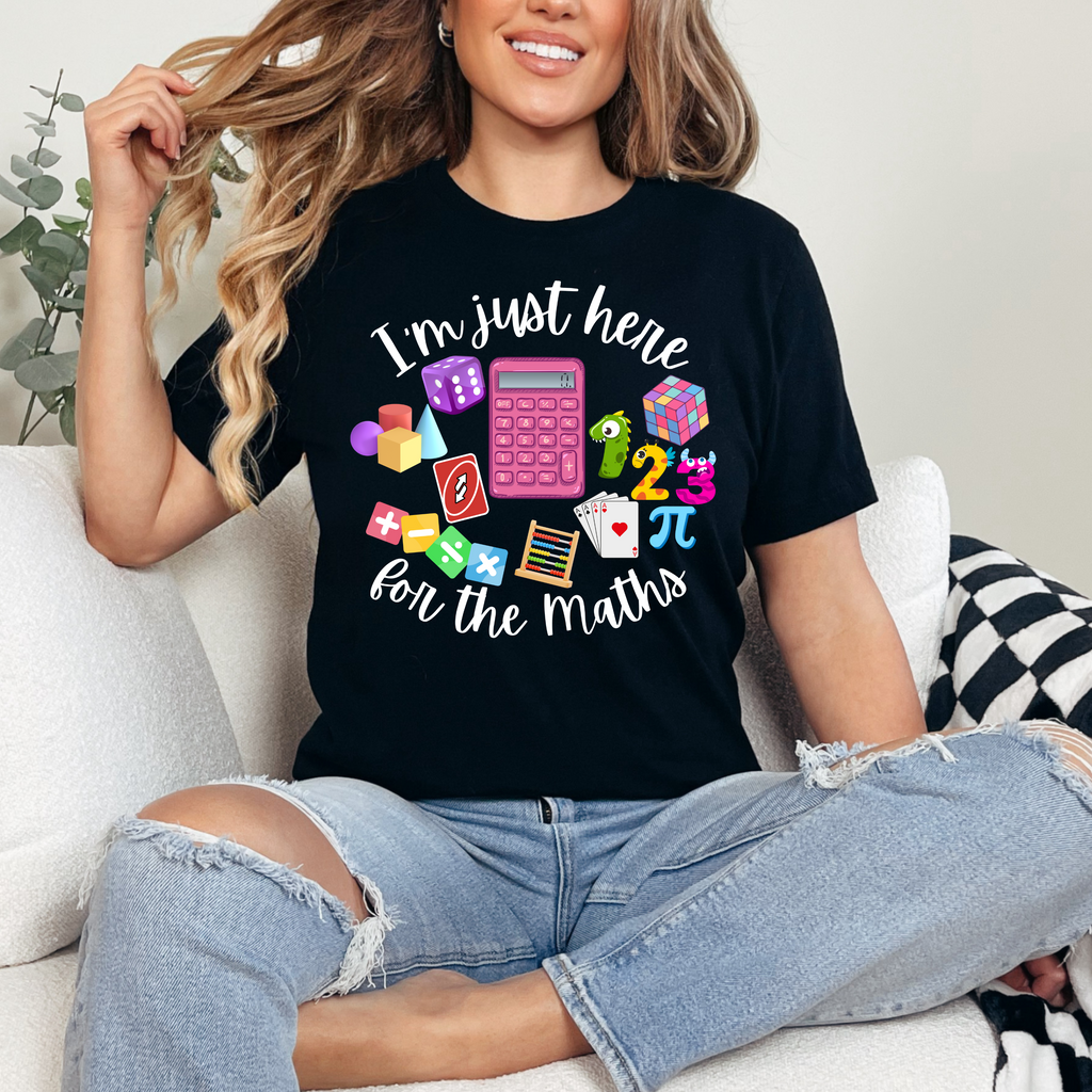 Numeracy Maths Day I'm just here for the Maths Pink Calculator NEW Teacher T-shirt