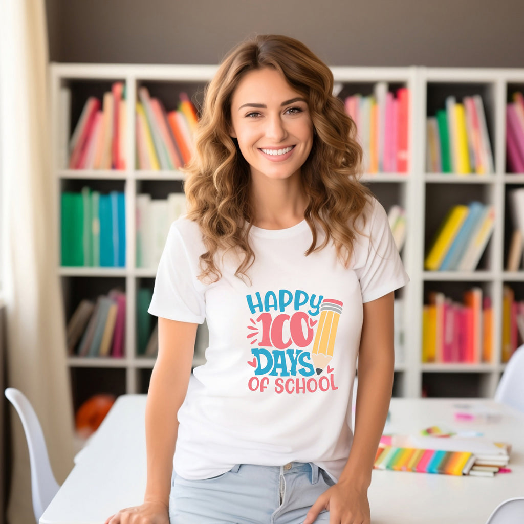 Teacher T-shirt - Happy 100 Days of School - Black or White