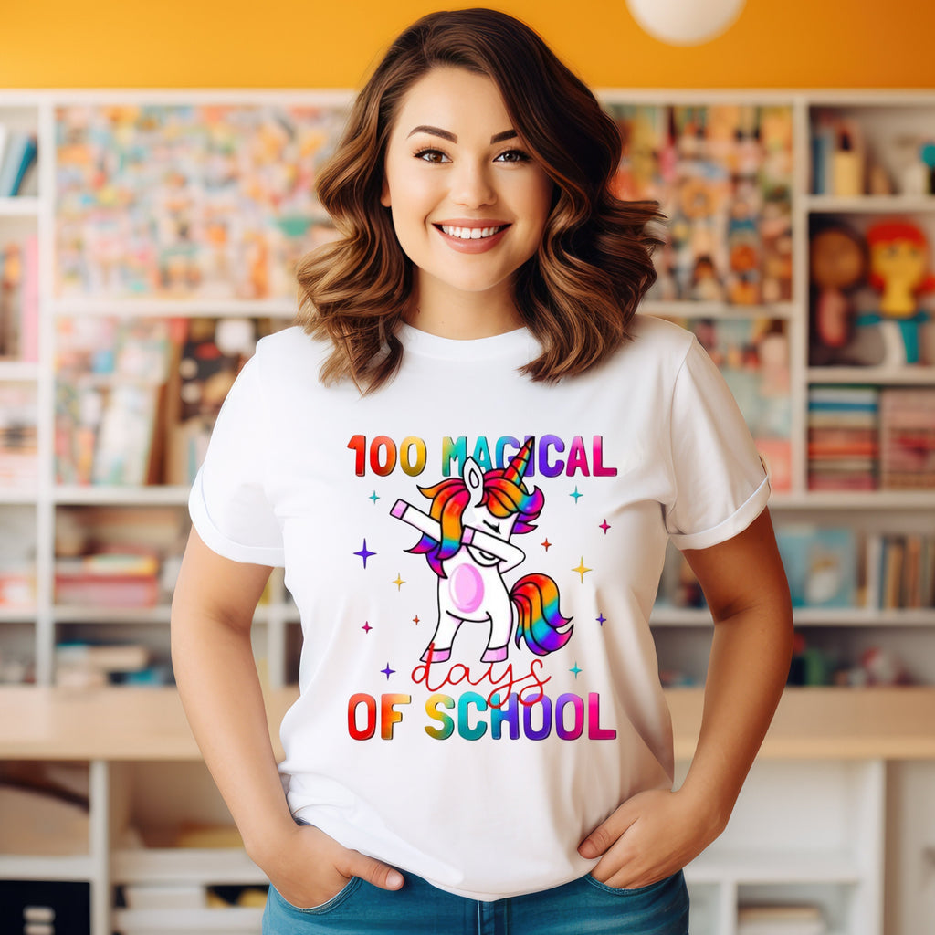 Teacher T-shirt - 100 Days - Dabbing Unicorn - Black or White