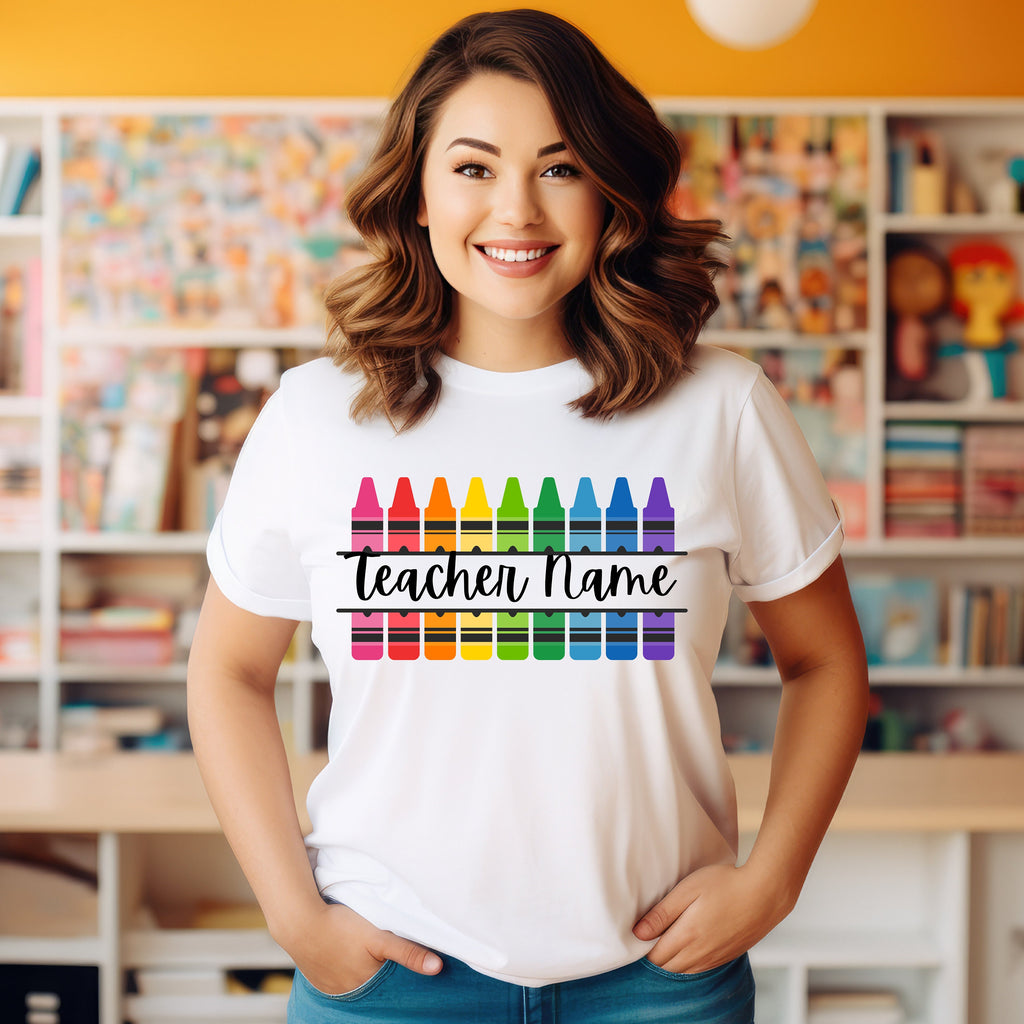 Teacher T-shirt - Crayons, Personalised Teacher Name