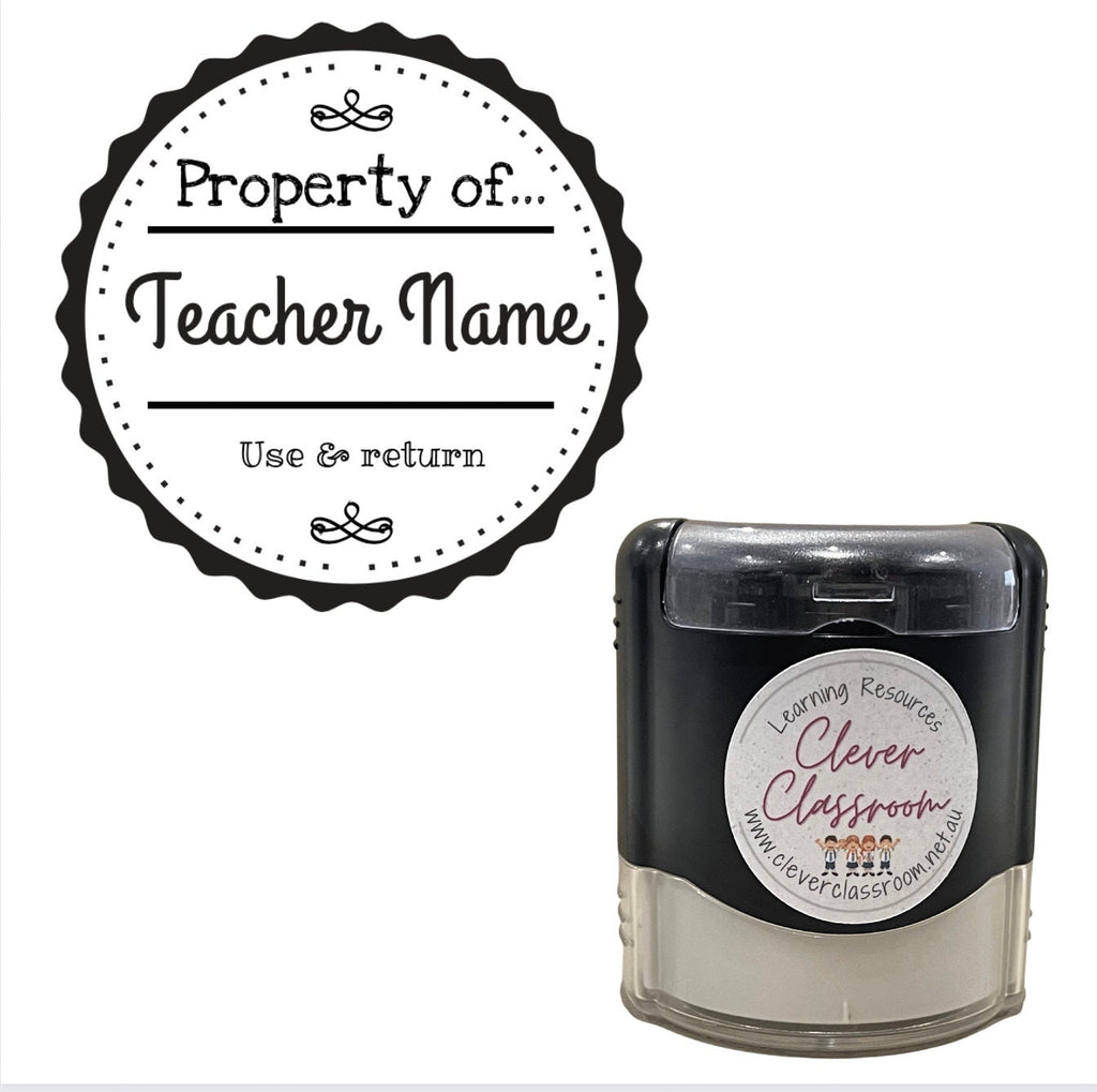 Property of ..... 40mm round Personalised Teacher Stamp Self Inking Your choice of colours