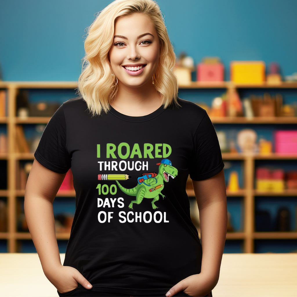 Teacher T-shirt - 100 Days - Dinosaur - Roared - Black only