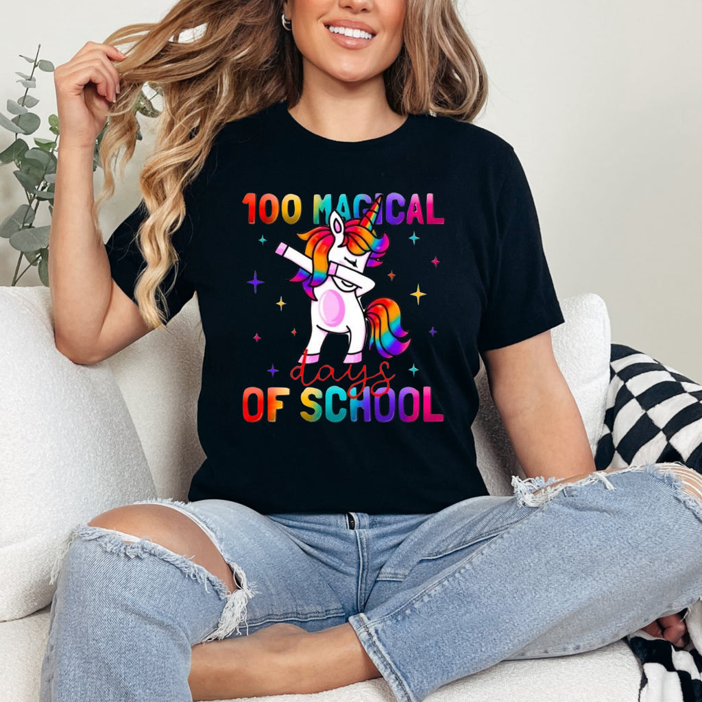 Teacher T-shirt - 100 Days - Dabbing Unicorn - Black or White