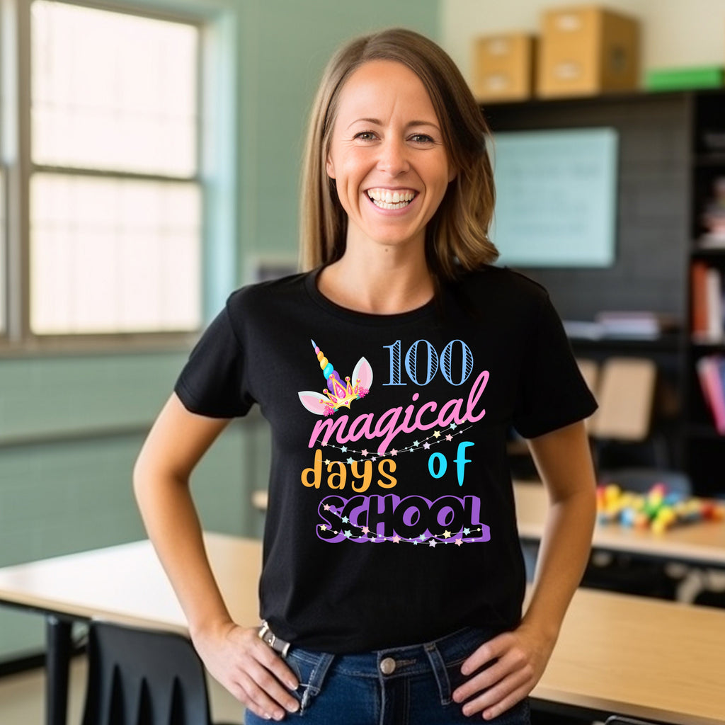 Teacher T-shirt - 100 Magical Days of School - Black or White