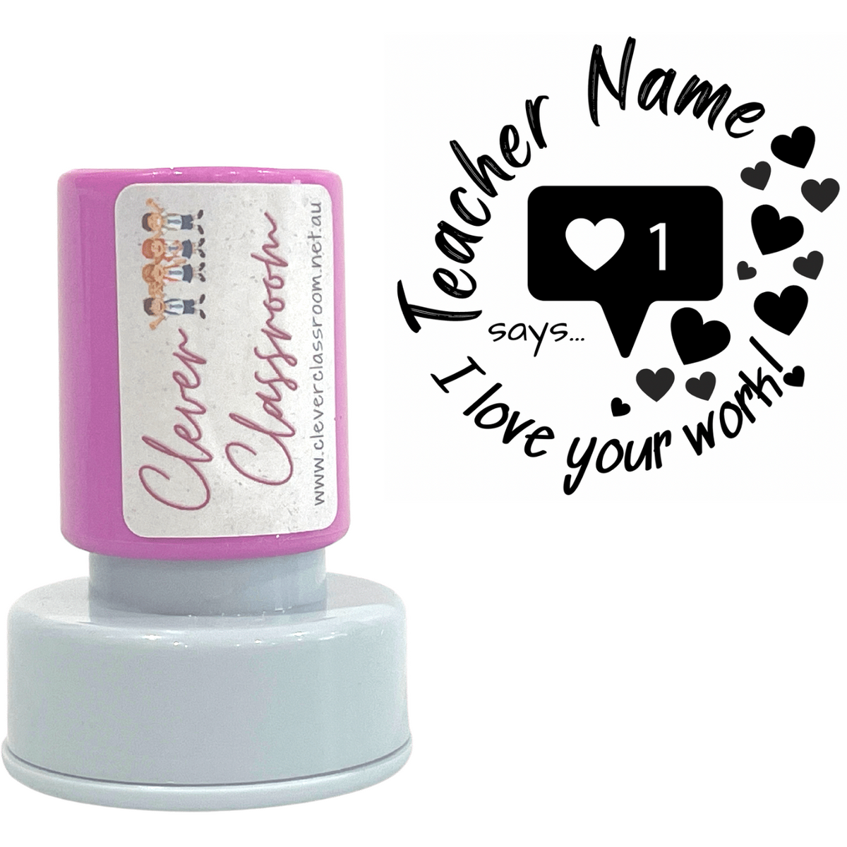 Insta Hearts Personalised Teacher Stamp Self-inking 30mm round