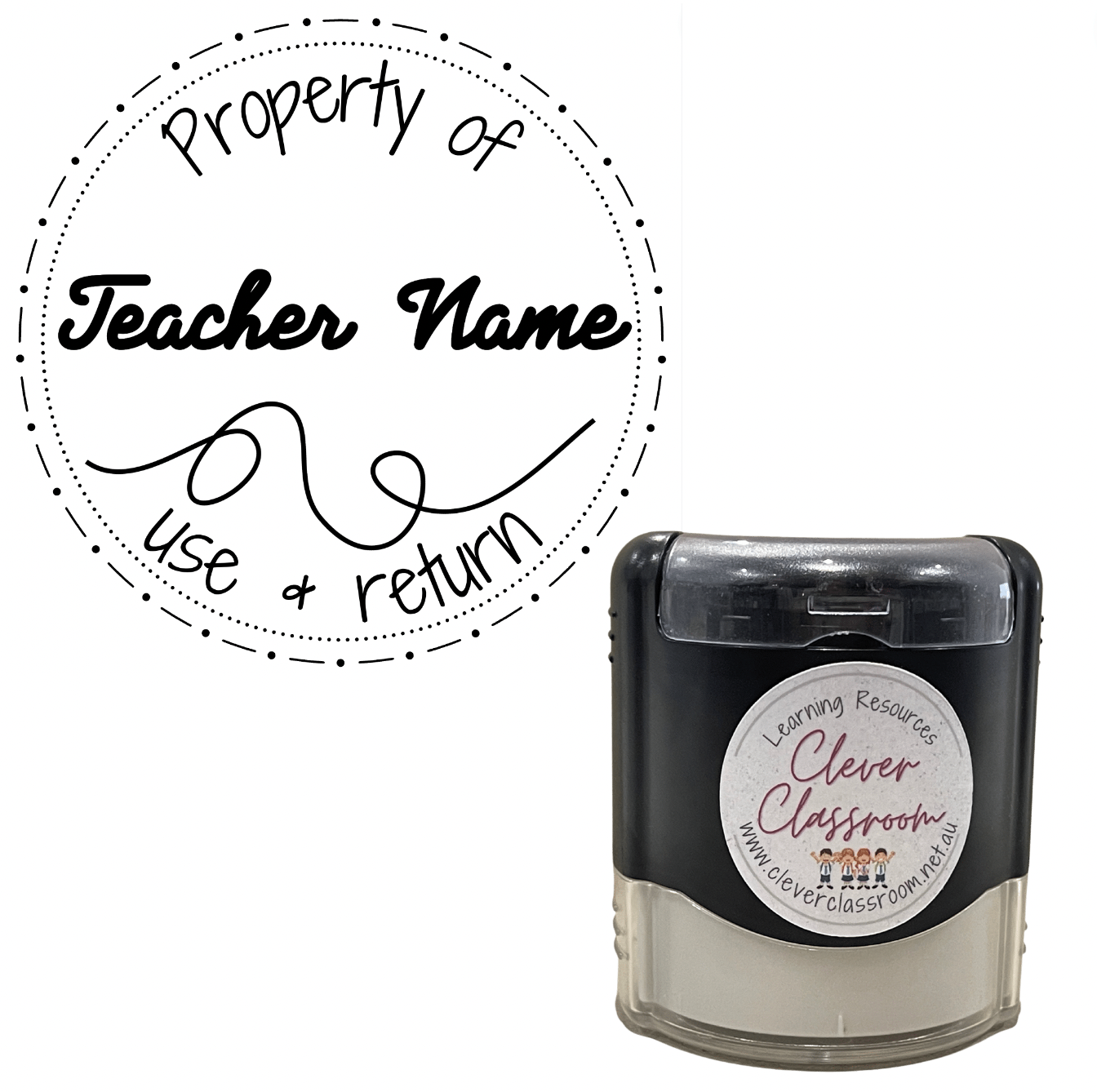 Squiggle Property of... Teacher Stamp Self-inking 40mm round